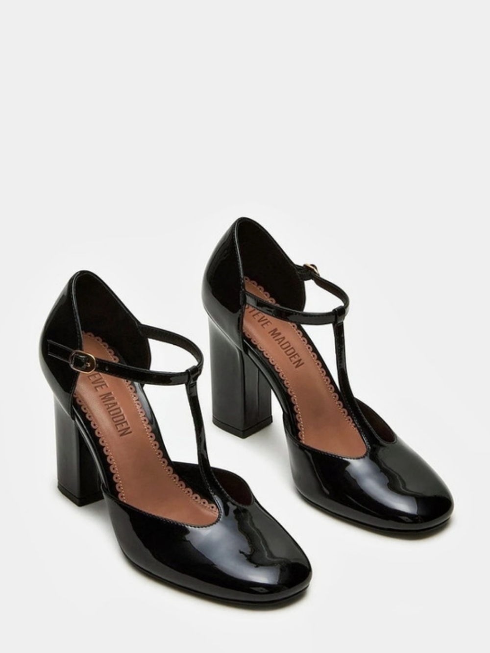 Steve Madden Malcolm Black Patent T-Strap Block Heel Black Patent Mary Jane